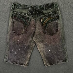 Robin's Jean Motard Denim Shorts Mens 38 Green Purple Acid Paint Splatter Beads